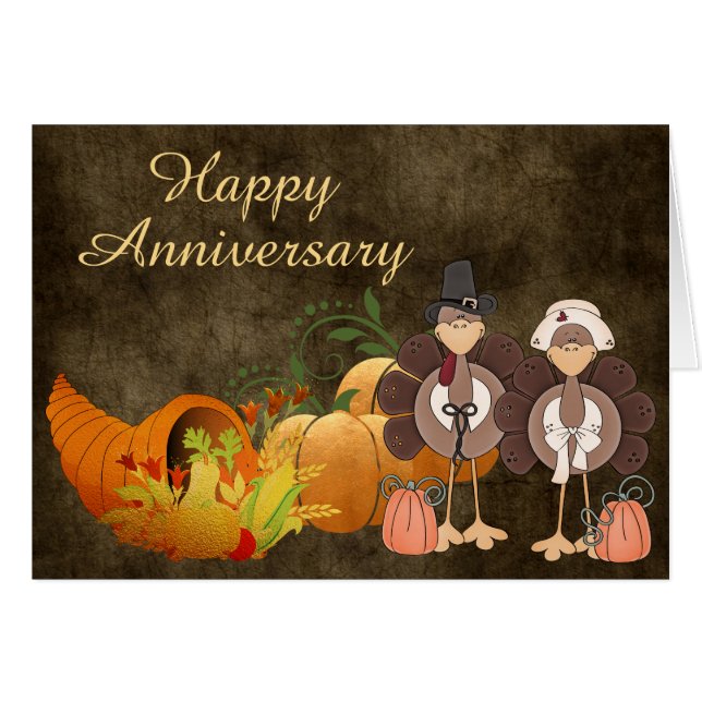 Cute Turkeys Golden Thanksgiving Anniversary Card (Front Horizontal)