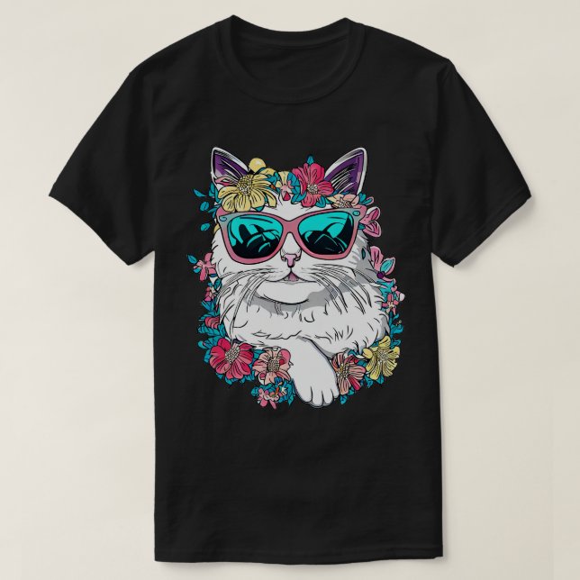 Cute Turkish Van cat and beautiful flowers T-Shirt (Design Front)