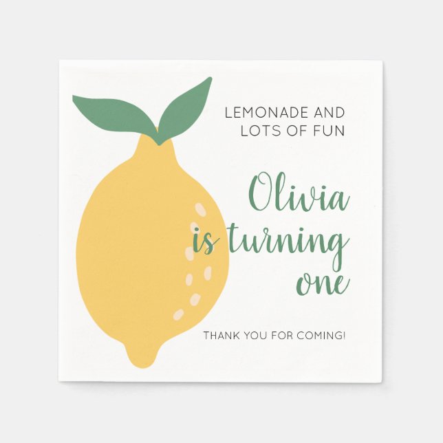 Cute Turning One Yellow Lemon 1st Birthday Napkin (Front)