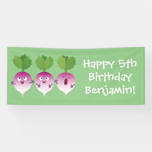 Cute turnip vegetable trio singing cartoon banner (Horizontal)