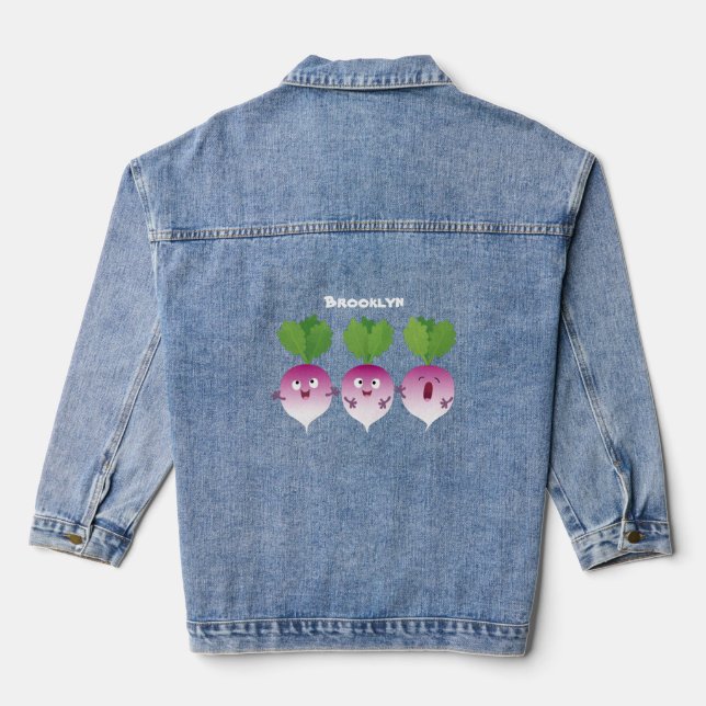 Cute turnip vegetable trio singing cartoon denim jacket (Back)