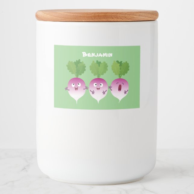 Cute turnip vegetable trio singing cartoon food label (Front)