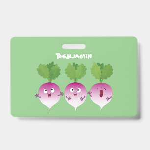 Cute turnip vegetable trio singing cartoon ID badge