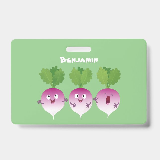 Cute turnip vegetable trio singing cartoon ID badge (Front)