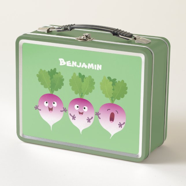 Cute turnip vegetable trio singing cartoon metal lunch box (Front)