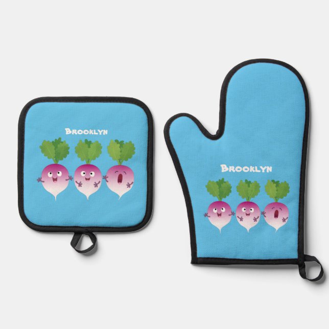 Cute turnip vegetable trio singing cartoon oven mitt & pot holder set (Front)