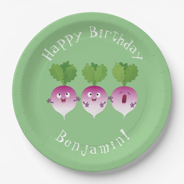 Cute turnip vegetable trio singing cartoon paper plate (Front)