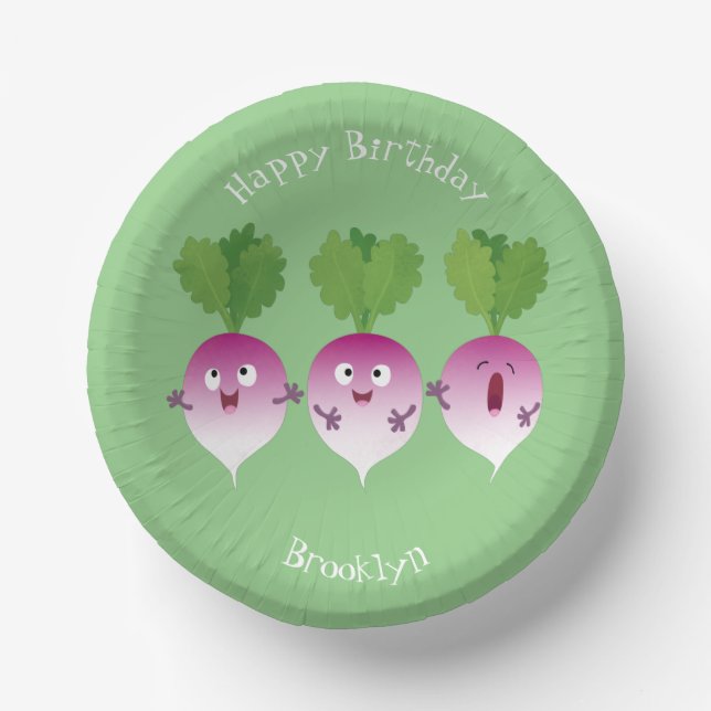 Cute turnip vegetable trio singing cartoon paper plate (Front)