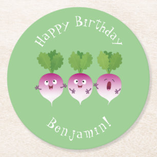 Cute turnip vegetable trio singing cartoon round paper coaster