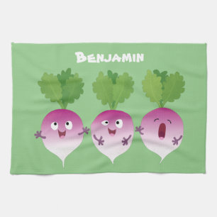 Cute turnip vegetable trio singing cartoon tea towel