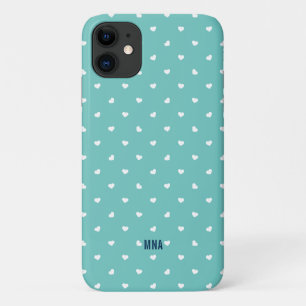 Cute Turquoise and White Hearts Pattern Monogram iPhone 11 Case