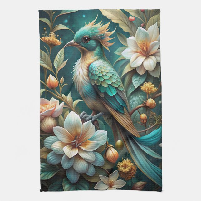 Cute Turquoise Bird Tea Towel (Vertical)