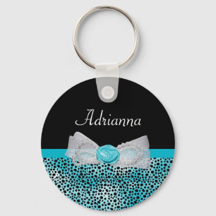 Cute Turquoise Cheetah Print Frilly Bow and Name Key Ring