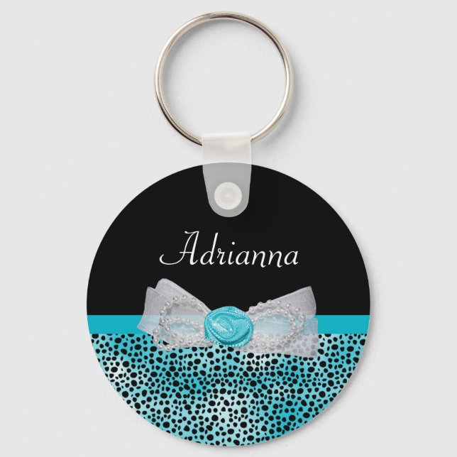 Cute Turquoise Cheetah Print Frilly Bow and Name Key Ring (Front)