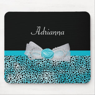 Cute Turquoise Cheetah Print Frilly Bow and Name Mouse Mat