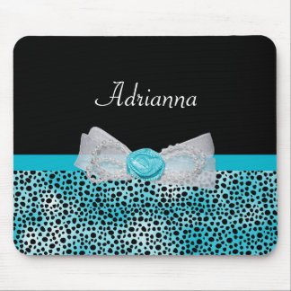 Cute Turquoise Cheetah Print Frilly Bow and Name Mouse Mat