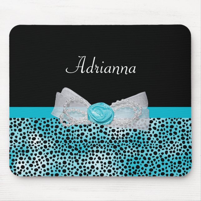 Cute Turquoise Cheetah Print Frilly Bow and Name Mouse Mat (Front)