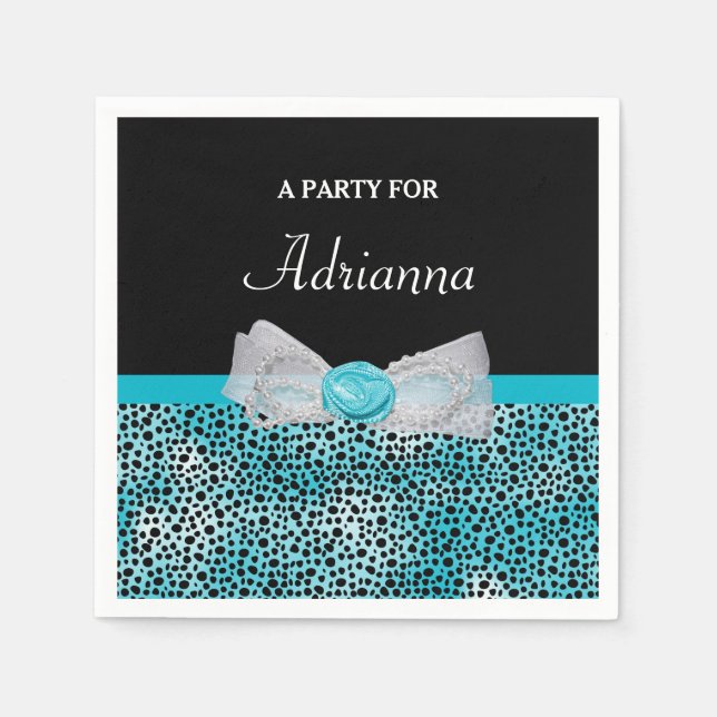 Cute Turquoise Cheetah Print Frilly Bow and Name Napkin (Front)