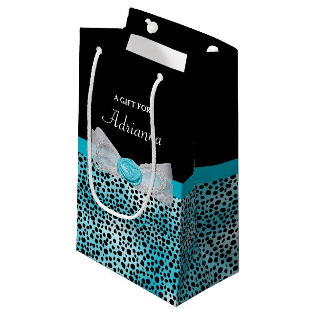 Cute Turquoise Cheetah Print Frilly Bow and Name Small Gift Bag (Front Angled)