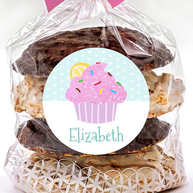 Cute turquoise cupcake sweet modern name school  classic round sticker (Creator Uploaded)