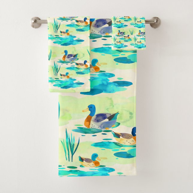 Cute turquoise ducks pattern bath towel set (Insitu)