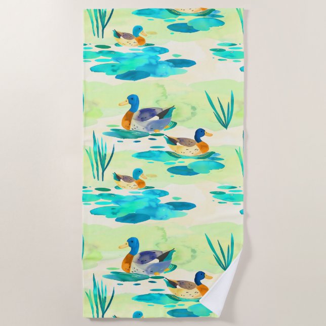 Cute turquoise ducks pattern beach towel (Front)