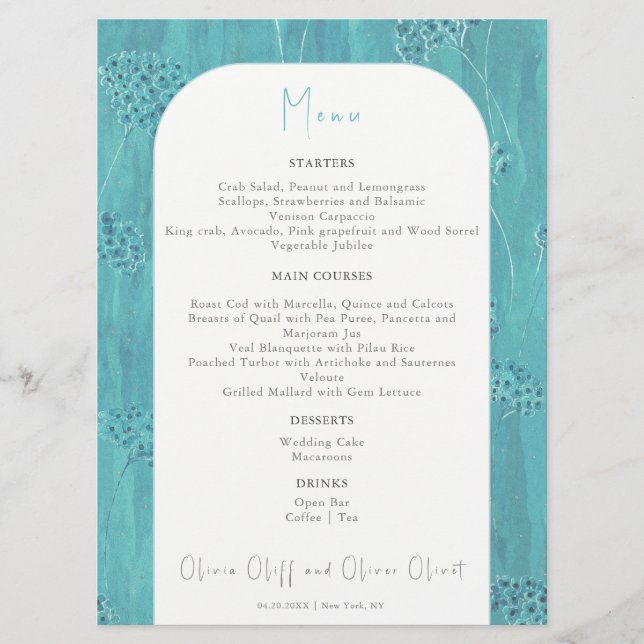 Cute Turquoise Flowers Wedding Menu (Front)