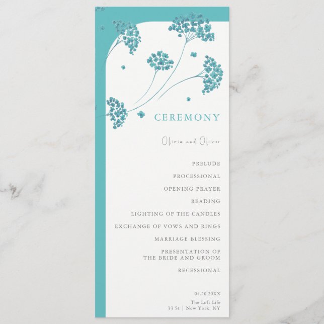 Cute Turquoise Flowers Wedding Programme (Front)
