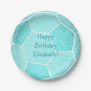 cute turquoise girly soccer birthday party paper plate