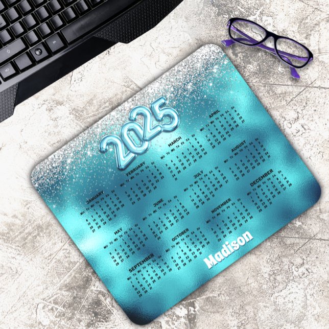 Cute turquoise glitter 2025 monogram calendar  mouse mat (Creator Uploaded)