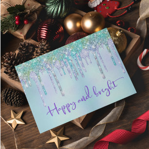 Cute turquoise Glitter Drips Christmas monogram Card