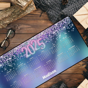 Cute turquoise glitter monogram 2025 calendar  desk mat