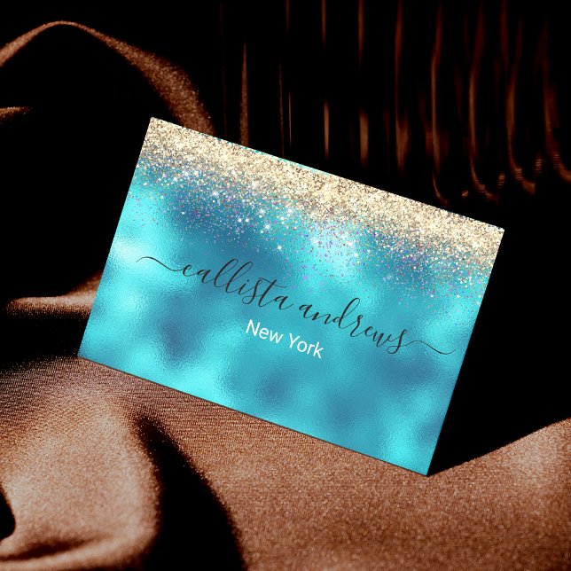 Cute turquoise gold faux glitter 	Magnetic business card (Creator Uploaded)