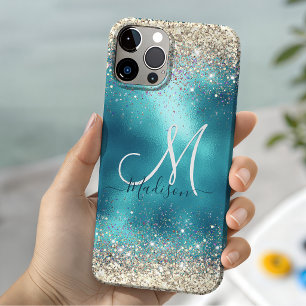 Cute turquoise gold faux glitter monogram