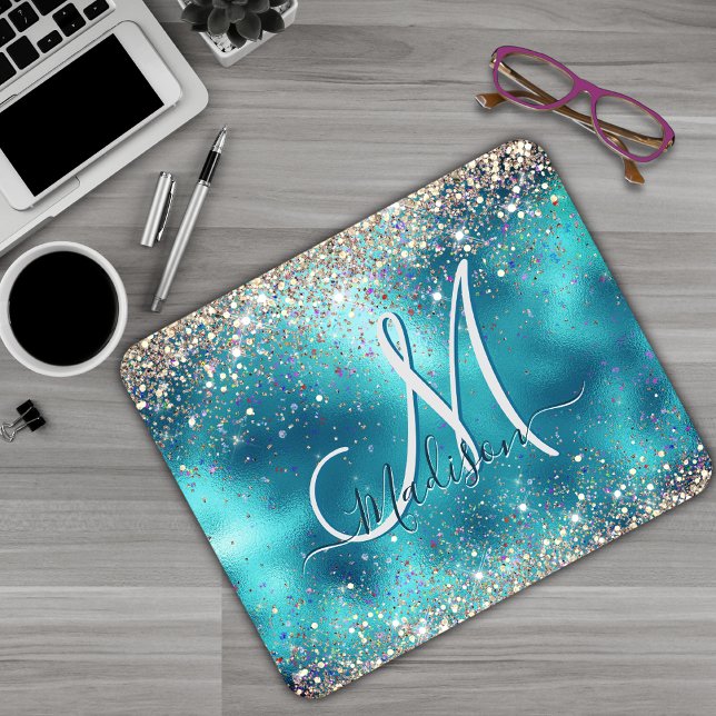 Cute turquoise gold faux glitter monogram mouse mat (Creator Uploaded)