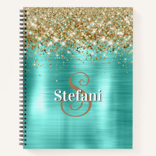 Cute Turquoise Gold Faux Glitter Monogram Notebook