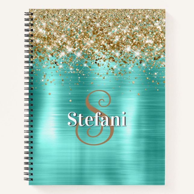Cute Turquoise Gold Faux Glitter Monogram Notebook (Front)