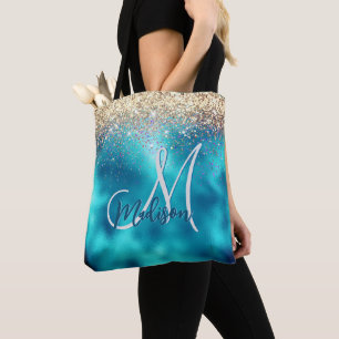 Cute turquoise gold faux glitter monogram tote bag