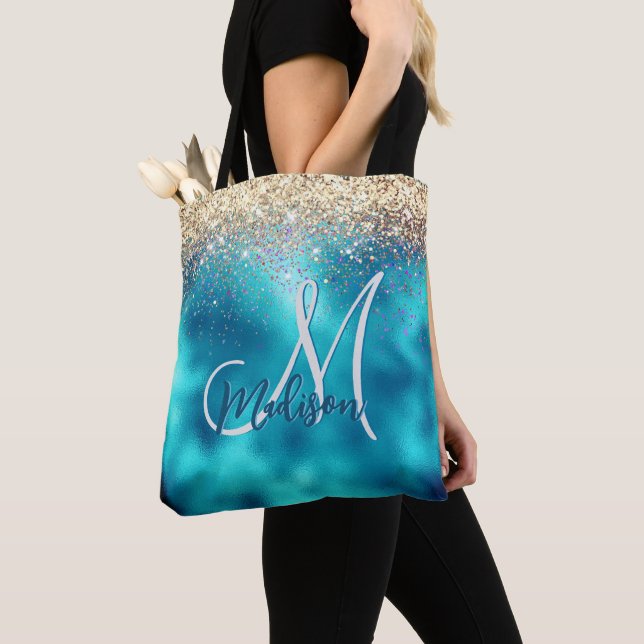 Cute turquoise gold faux glitter monogram tote bag (Close Up)
