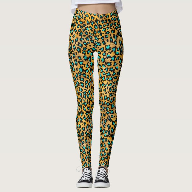 Cute Turquoise/Gold Leopard Print Leggings (Front)