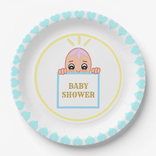 Cute Turquoise Hearts Baby Shower Paper Plate (Front)