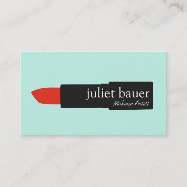 Cute Turquoise Makeup Artist Lipstick Logo Beauty Business Card (Front)