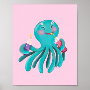 Cute Turquoise Octopus Drinking Juice Graphic Poster