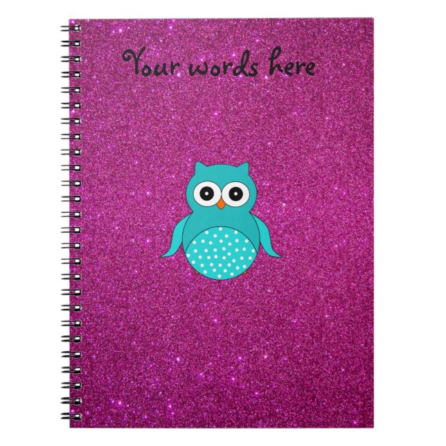 Cute turquoise owl pink glitter notebook (Front)