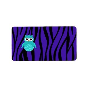 Cute turquoise owl purple zebra stripes label