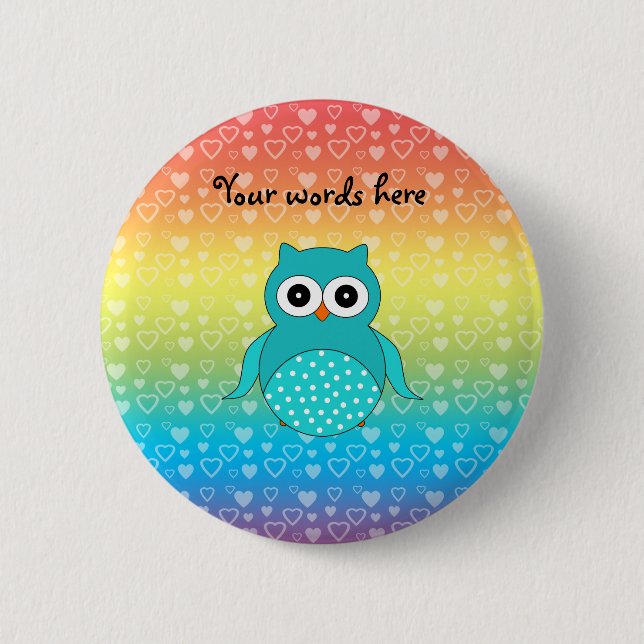 Cute turquoise owl rainbow hearts 6 cm round badge (Front)