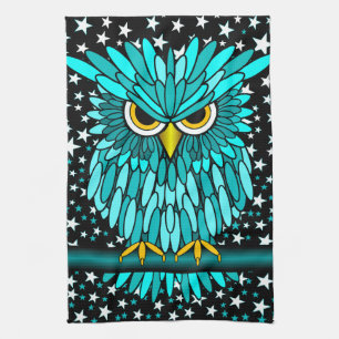 cute turquoise owl tea towel