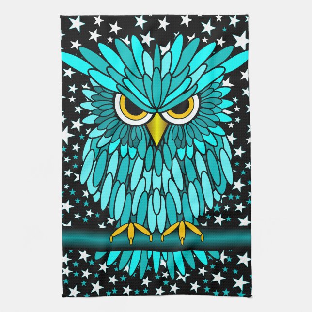 cute turquoise owl tea towel (Vertical)