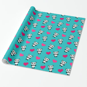 Cute turquoise panda hearts pattern wrapping paper