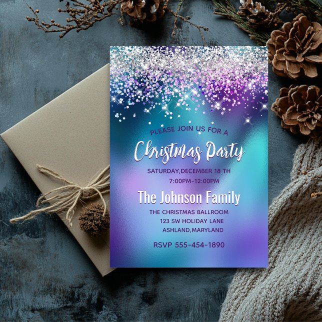 Cute turquoise purple faux glitter Christmas  Invitation (Creator Uploaded)